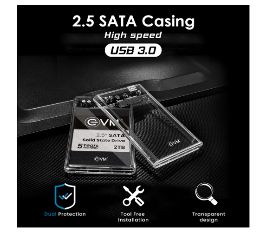 EVM 2.5" SATA SSD Casing USB 3.0 - Portable External Hard Drive/SSD Transparent Case Cover - Fa